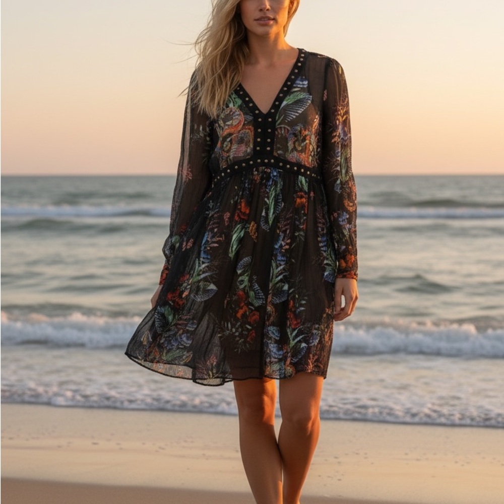 Maeve Anthropologie  Black Dress with Floral Accents